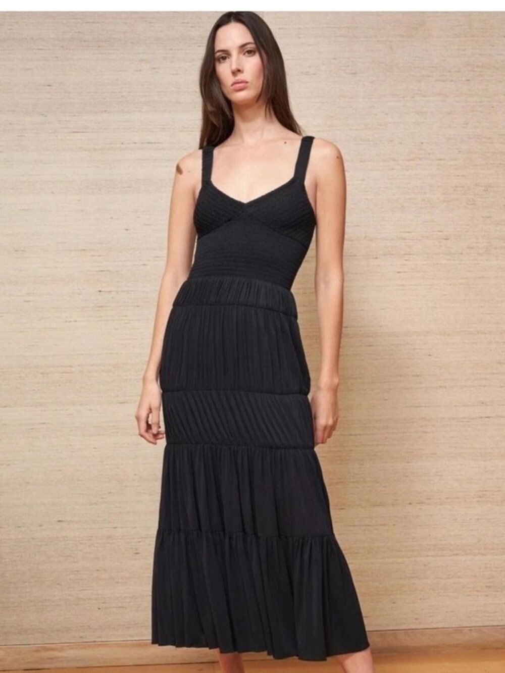La Ligne Holiday Party Dress Mary Alice Black Smocked Bodice Tiered Jersey Maxi